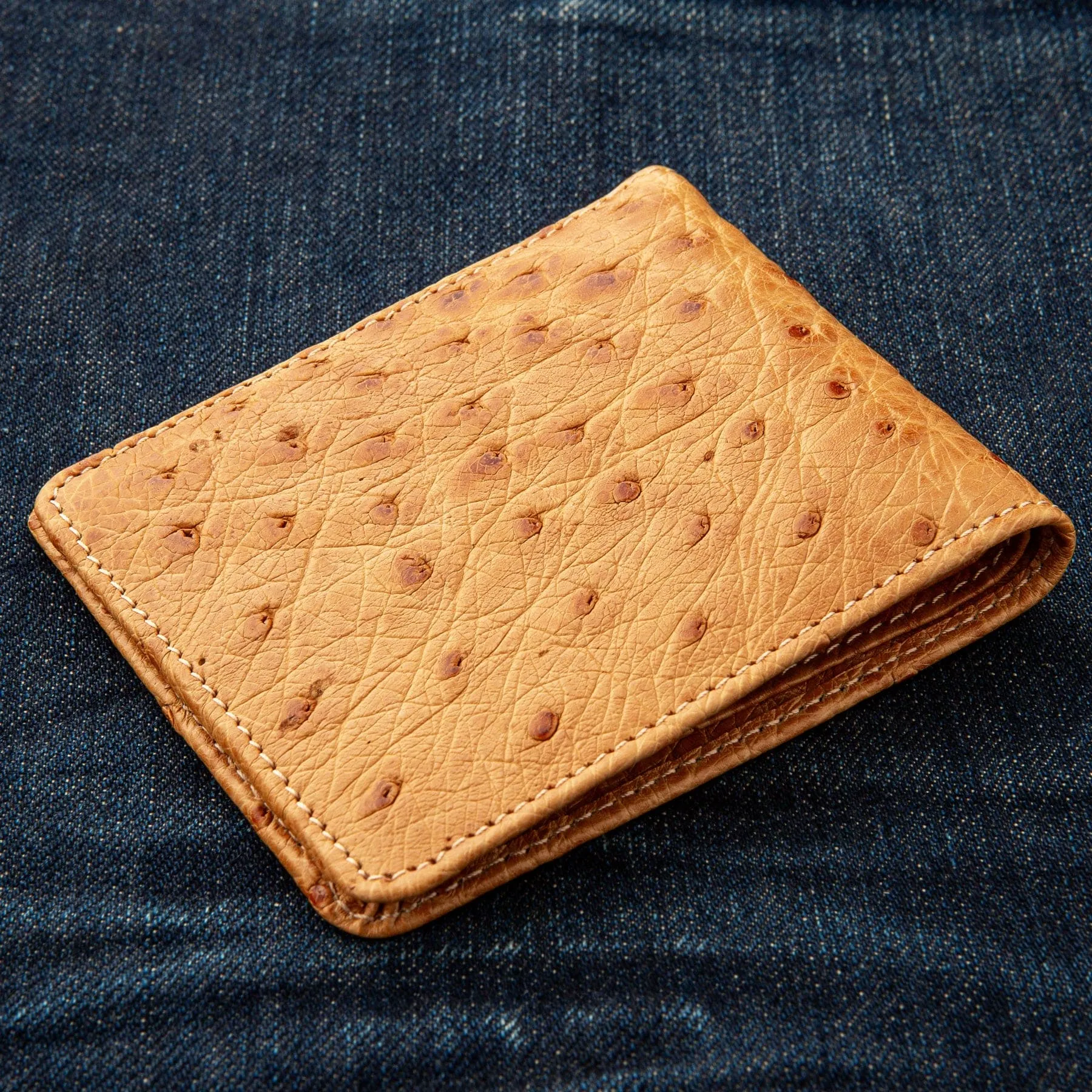 Tan Brown Genuine Ostrich Skin Leather Bifold Wallet