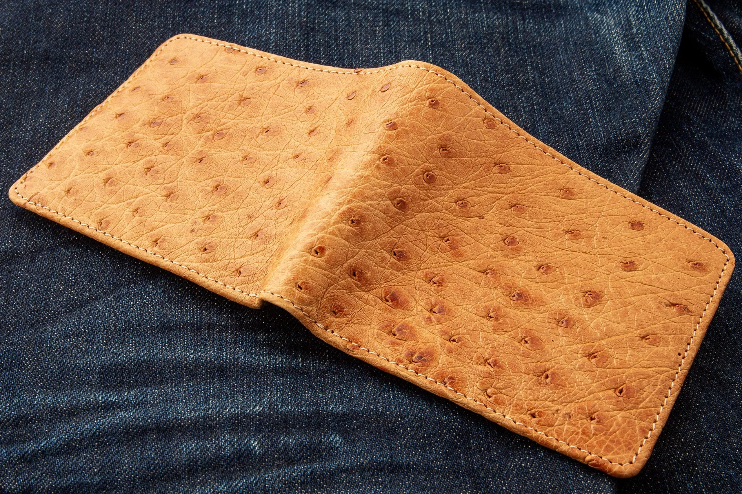 Tan Brown Genuine Ostrich Skin Leather Bifold Wallet