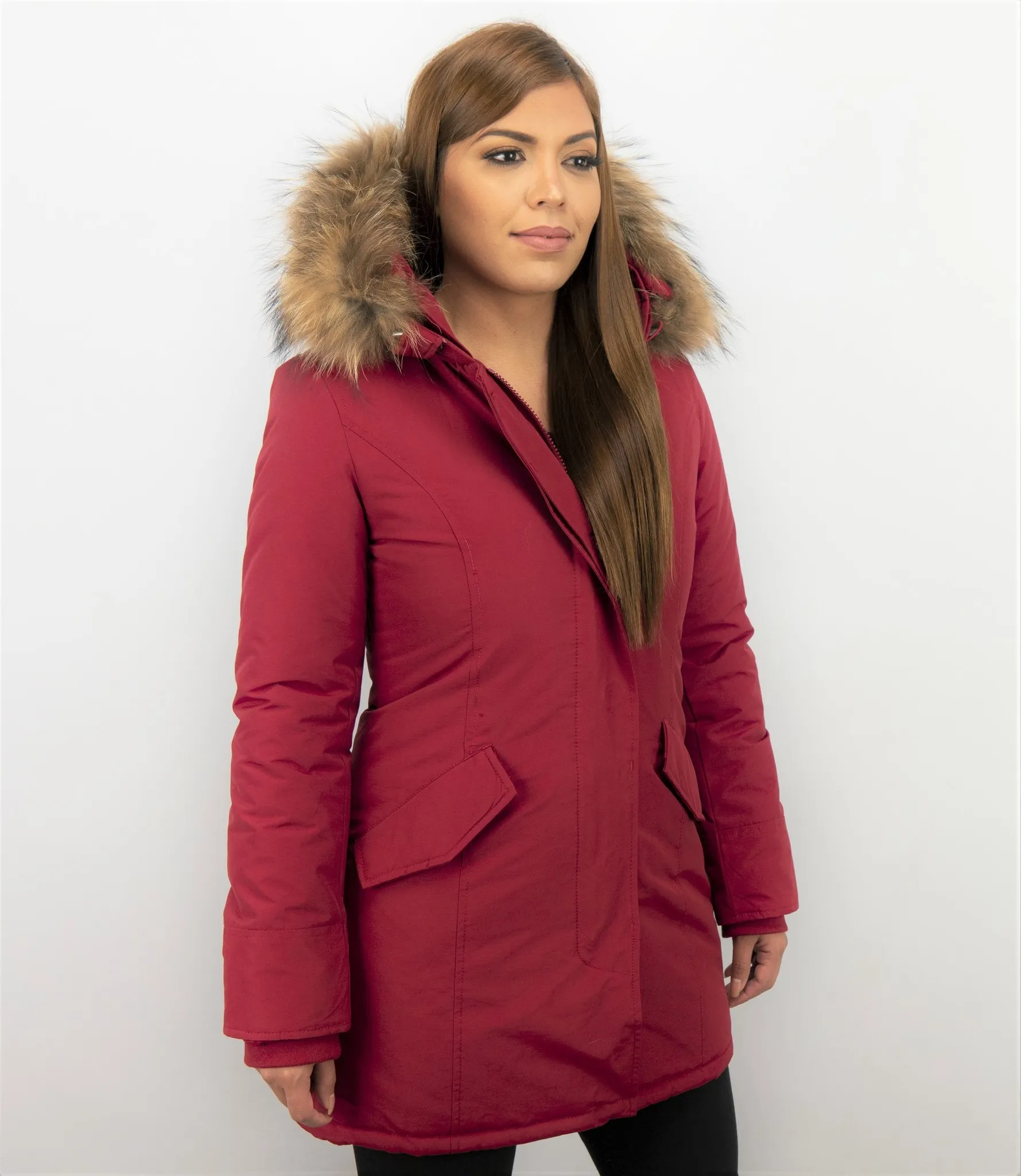 TheBrand Fur Collar Coat - Women's Winter Coat Long - Parka Stitch Pocket- Red