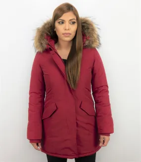 TheBrand Fur Collar Coat - Women's Winter Coat Long - Parka Stitch Pocket- Red