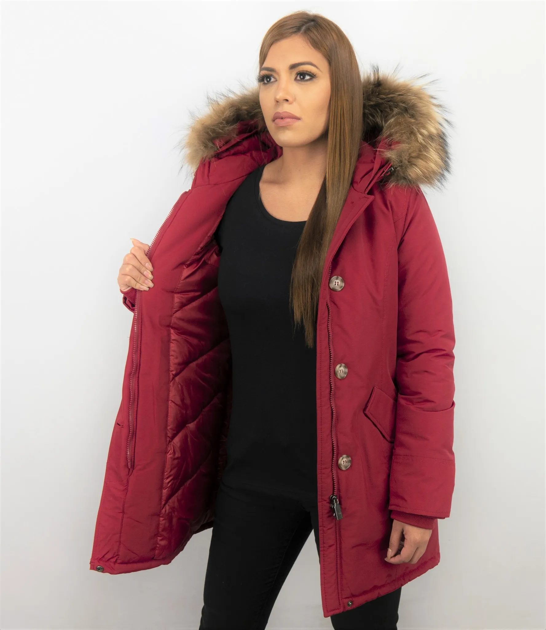 TheBrand Fur Collar Coat - Women's Winter Coat Long - Parka Stitch Pocket- Red