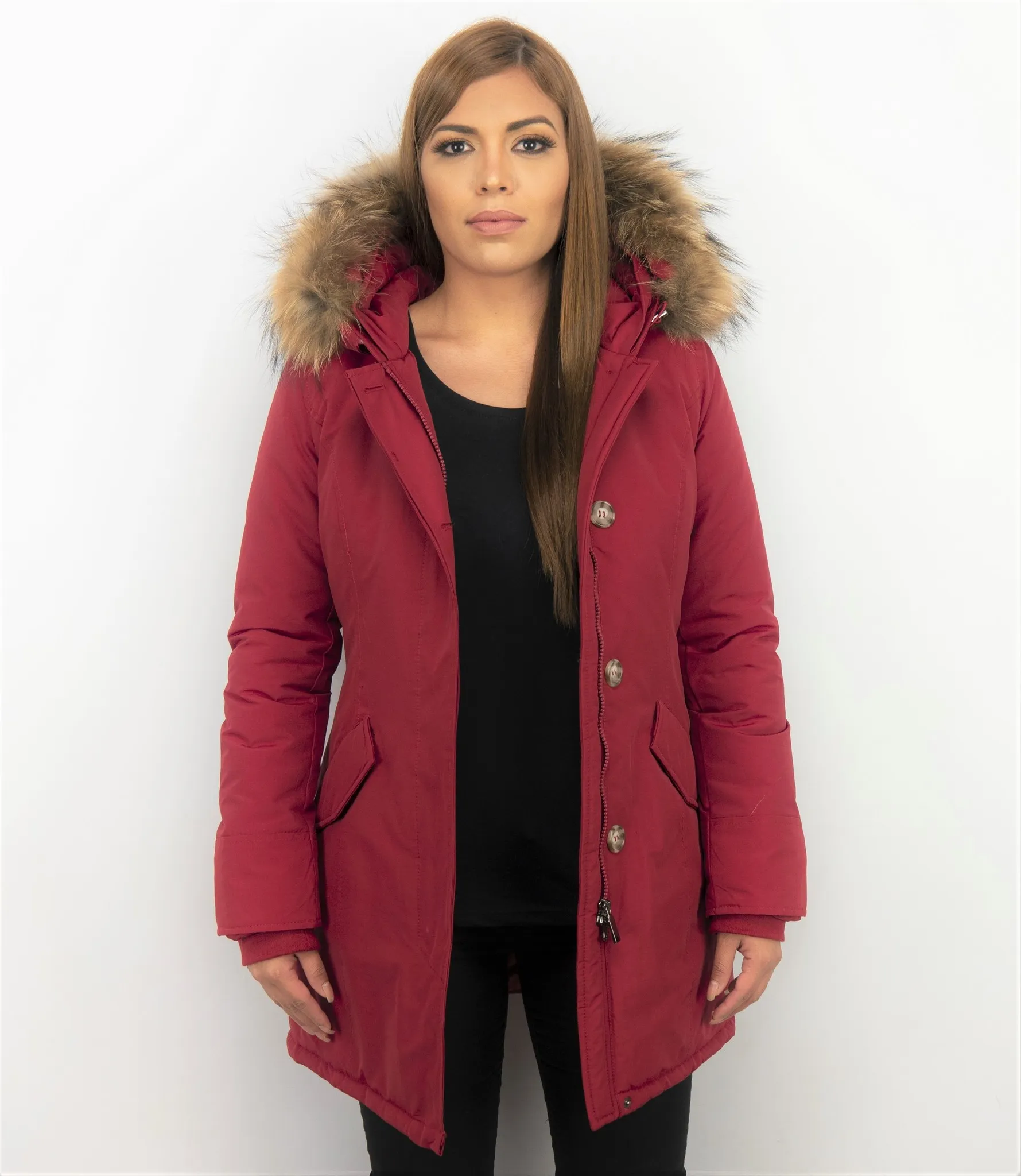 TheBrand Fur Collar Coat - Women's Winter Coat Long - Parka Stitch Pocket- Red