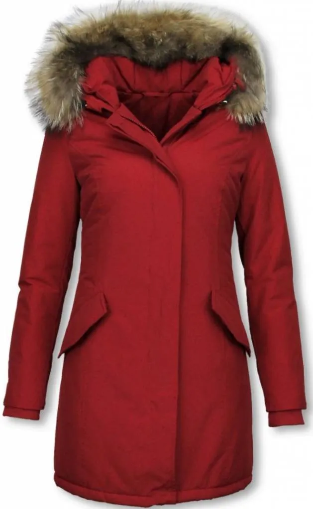 TheBrand Fur Collar Coat - Women's Winter Coat Long - Parka Stitch Pocket- Red