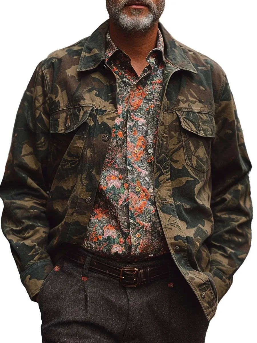 Vintage Camouflage Lapel Double Pocket Casual Jacket