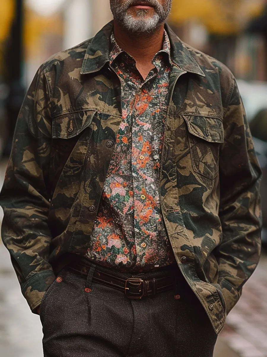 Vintage Camouflage Lapel Double Pocket Casual Jacket