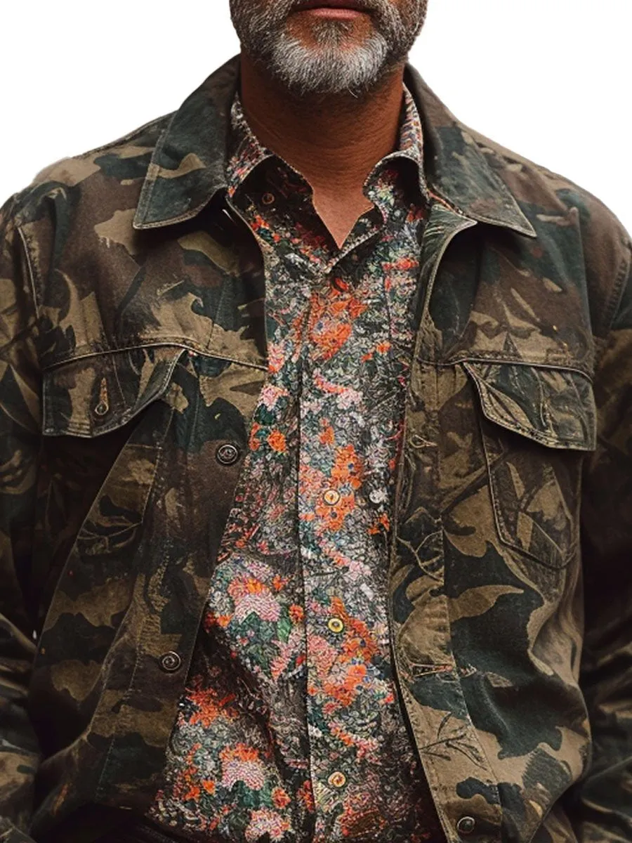 Vintage Camouflage Lapel Double Pocket Casual Jacket