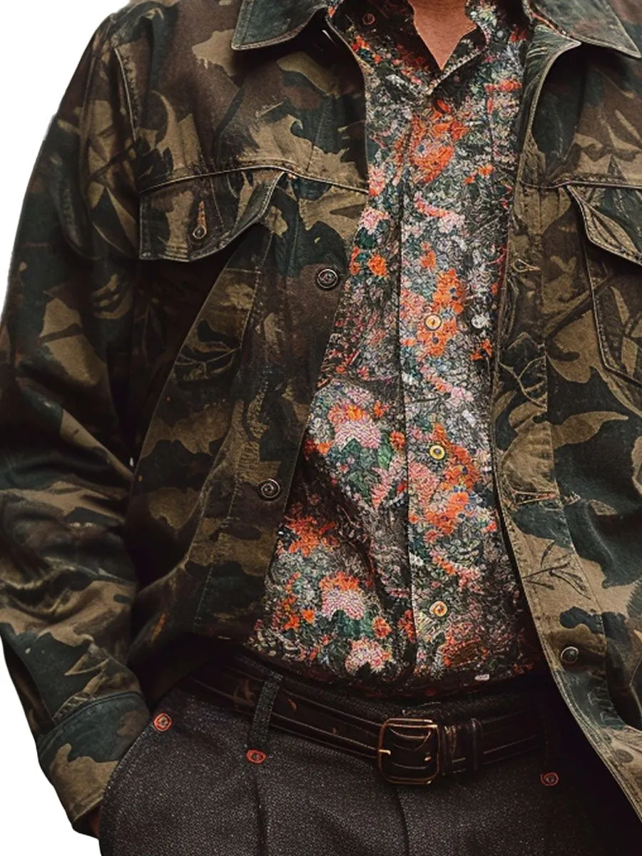 Vintage Camouflage Lapel Double Pocket Casual Jacket