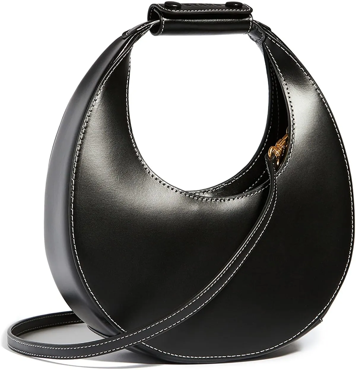 Women Structured Silhouette Crossbody Strap Mini Moon Leather Bag - Black